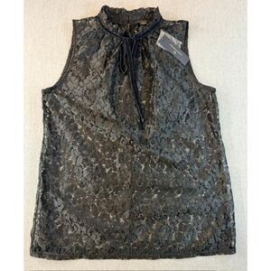 Worthington Black Lace Ruffle Neck Sleeveless Top with Velvet Bow size Small NWT